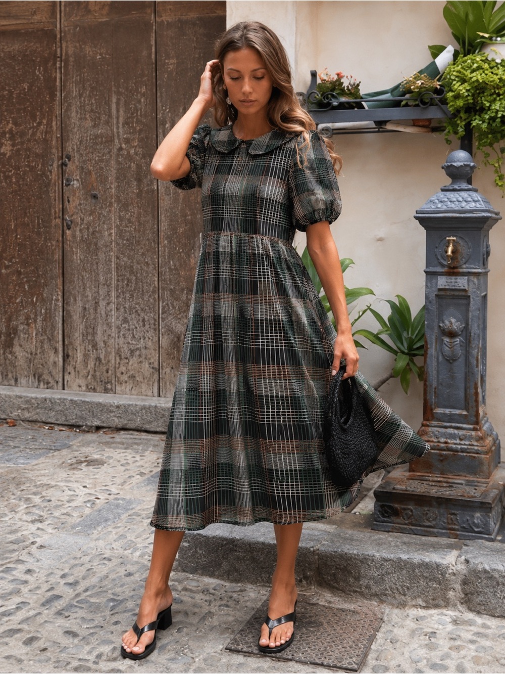 I. Madeline Plaid Peter Pan Collar Chiffon Dress Size L Dark Academia